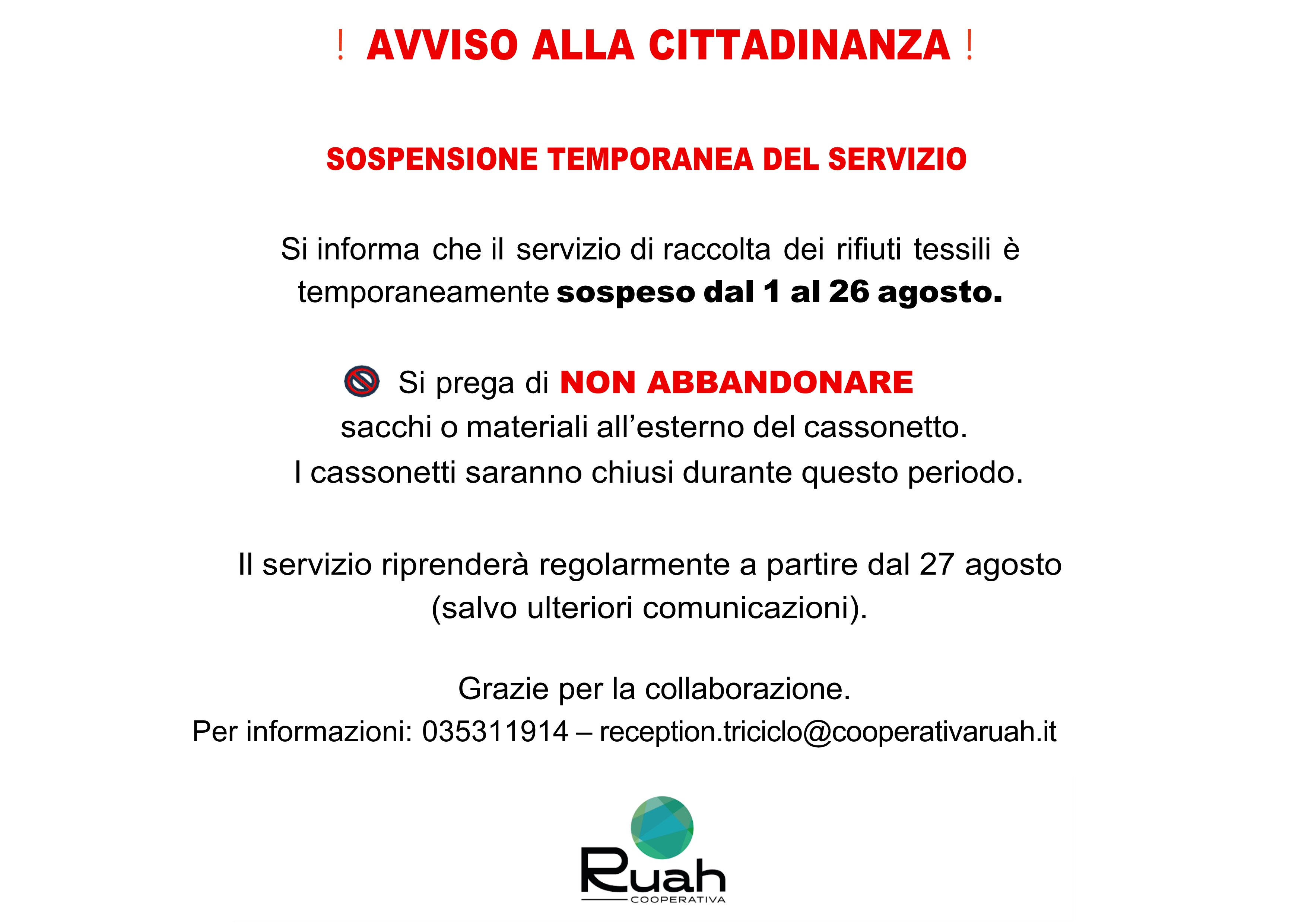 Sospensione temporanea del servizio raccolta rifiuti tessili