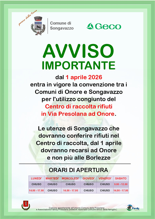 Utilizzo piazzola ecologica di Onore dal 1 Aprile 2026
